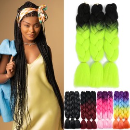 Yamel Ombre Braiding Hair Kanekalon Braiding Hair Synthetic Hair Extensions for Braiding Crochet Twist Box Braids 24 Inch 2 Tone Ombre Black to Bright Green 3 Packs Jumbo Braiding Hair