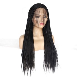 Lace Front Braided Wig, Hand-Braided Box Braided Wigs with Baby Hair, Micro Braided Soft Wig, Synthetic Heat-Resistant Fibre Lace Frontal Wig (Style 2 Black, 24 Inches)