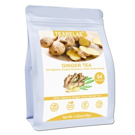TEARELAE - Ginger Tea Bags, 64 Count - 100% Pure Ginger Root Tea, Soothing & Spicy - Non-GMO - Naturally Caffeine-free Herbal Tea - Aid Digestion & Support Respiratory