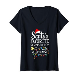 Womens Santa's Favorite Dermatology Receptionist Med Administrative V-Neck T-Shirt