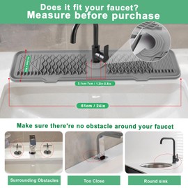 UOSHXAH 24 Inch Faucet Mat for Kitchen Sink ，5°Slope Fast Draining Silicone Mat, for Kitchen Sink Splash Guard, Bathroom Faucet Draining Gadgets (Grey, 24" x 5.7")