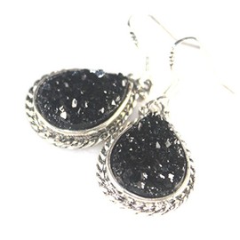 SILVER Vintage Style Black Titanium Druzy Teardrop Earrings