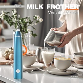 Milk Frother Rechargeable Handheld Electric Whisk Coffee Frother Mixer with 2 Stainless whisks 3 Speed Adjustable Foam Maker Blender for Coffee Matcha Latte Cappuccino Hot Chocolate（A-Blue）