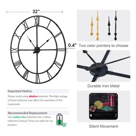 Ohweog Large Wall Clock for Living Room Decor – 32 Inch Knocked-Down (KD) Silent Non-Ticking Modern Farmhouse Wall Clock, Oversized Decorative Metal Roman Numeral Clock, Black