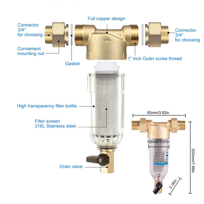 Water Filter, Reusable, 1 Inch Water Pre-Filter Sediment Filter, Spin