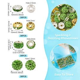 Beadthoven 120pcs 10mm Green Rhinestone Clay Beads for Crafting, Round Rondelle Spacers, Sparkly Diamond Beads for Bracelet Necklace DIY Jewelry Making Easter