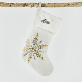 THINGS REMEMBERED Embroidered Cream Metallic Silver & Gold Snowflake Stocking (Free Customization), Luxury Christmas Stocking with Embroidered Name