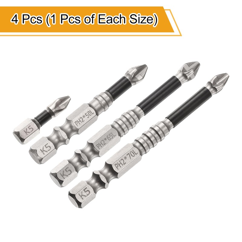 HARFINGTON 4pcs Impact Phillips Screwdriver Bit Set PH2 (#2) Anti