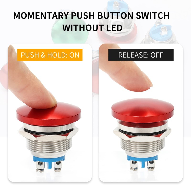 STARELO 22mm Momentary Push Button Switch Mushroom Head,Stainless Steel Metal