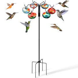 Chunful Hummingbird Feeders for Outdoors Hanging (6 Feeding Stations) Hand Blow Glass Hummingbird Feeder with Shepherd Hook and Adjustable Hight Bird Feeder for Outside, Home Garden Yard, Never Leak