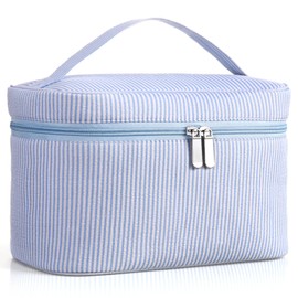 Huhumy Large Cosmetic Bag Toiletry Bag for Women, Aesthetic Cute Blue Seersucker Makeup Pouch Zipper Pouch, Teen Gift for Her Mom Girlfriend Wife Teacher Aesthetic Skincare Brushes Storage Organizer
