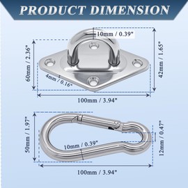 OHIYO 2PCS M10 Stainless Steel Pad Eye Hooks+2PCS 10MM Snap Hook + 8PCS Heavy Duty Screws for Hammock Hanging Kit