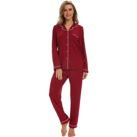 Yoolfine Button Up Pajamas for Women, Long Sleeve Sleepwear Soft Loungewear Ladies Pjs Set, Burgundy, Large