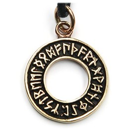 Runes Circle Bronze Pendant Necklace Jewellery, incl black cotton sting, Pendant total length: 3.5cm