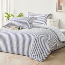 SAPHREAS Striped Duvet Cover Set Queen Size 3pcs White Blue Yellow Stripes Geometric Pattern Comforter Cover Set 100% Cotton 1 Quilt Cover 2 Pillow Shams