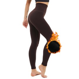 FLINXE Warm Fleece Lined Leggings for Women High Waisted Thick Winter Tights Seamless Tummy Control Thermal Leggings Brown S