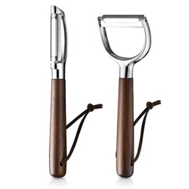 Fruit vegetable peelers for Kitchen, 304 Stainless Steel Ultra Sharp Swivel Blade, Premium Real Wood Handle Leather Strap (Y&I Shaped)