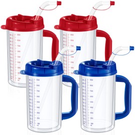 Kritkin 4 Pcs 32 oz Hospital Water Cup with Straw and Lid Insulated Double Walled Water Cup with Handle and Straw Elderly Water Bottle Drinking Hospital Carafe Insulated Mug (Red and Blue,4)