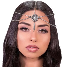 Aceorna Bridal Head Chain Rhinestone Hair Chain Flower Tassel Head Chains Silver Headpieces for Women