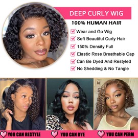 ManeMajesty Deep Curly Human Hair Wigs Side Part Lace Front Pre Cut Lace Wear and Go Glueless Wig 8 Inch Short Curly Bob Wigs for Black Women 100% Brazilian Remy Human Hair Honey Blonde