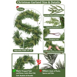 2 Style Branches 9 Ft by 10 Inch Thick Christmas Norfolk Pine Garland 150 Pine&30 Cypress Tips,Realistic Soft and Thickness Cedar Garland Green Faux Greenery for Home Fireplace Indoor Outdoor Decor