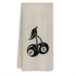 COWEB Boho Preppy Kitchen Towels, Funky Trendy Retro Y2K Lucky 8 Ball Cherry Decorative Hand Towels for Bathroom Kitchen, Vintage Beige Black Kitchen Dish Towels, 16x24 Inches