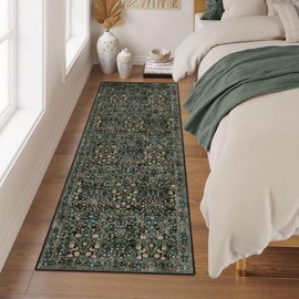 MUJOO Washable Runner Rug,Floral 2x6 Runners for Hallway Kitchen Bedroom Bedside Bathroom Laundry Room,Long Non Slip Throw Carpet Boho Indoor Botanical Vintage Ultra-Thin Black and Green