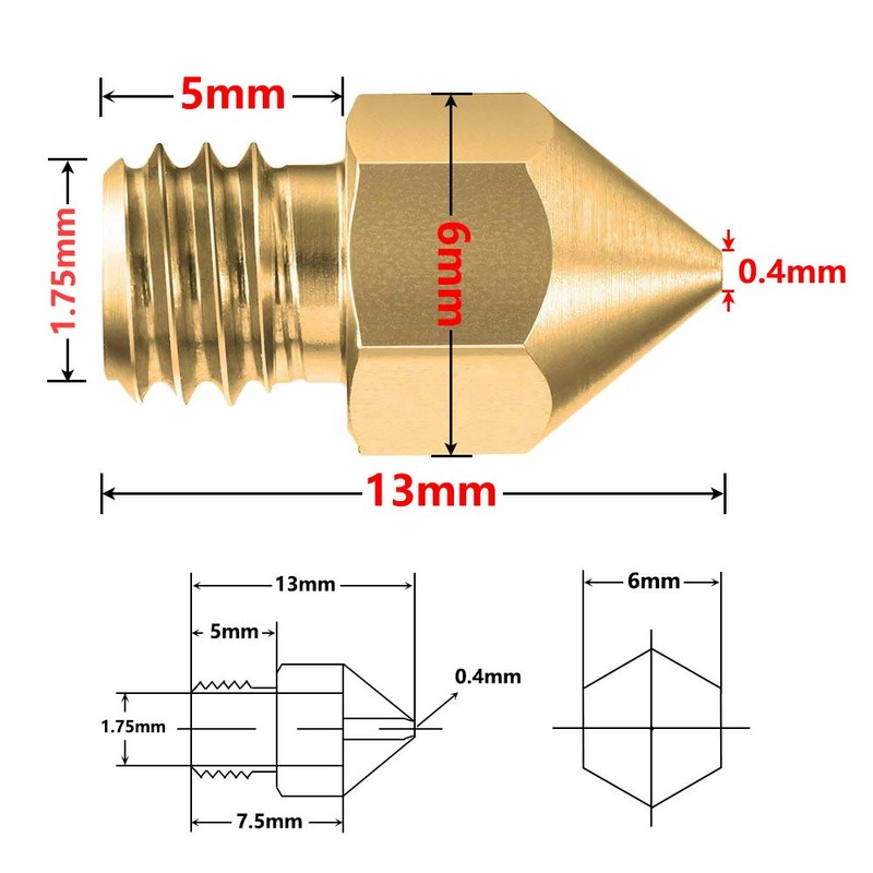 Saipor 12pcs 0.4mm Nozzle Printhead Brass 3D Printer Nozzle M6