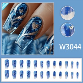 24Pcs Medium Square Press on Nails Blue Fake Nails with Designs Heart Line False Nails Silver Glitter Acrylic Nails Full Cover Artificial Glue on Nails Reusable Nails Kit for DIY Women Manicure Salon