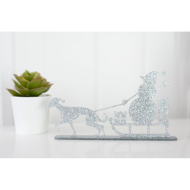 Whippet Greyhound Pulling Snowman on Sledge Silhouette Ornament - Handmade