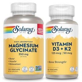 SOLARAY Magnesium Glycinate and Vitamin D3 K2 Bundle - High Absorption Chelated Magnesium Bisglycinate and 5000 IU Vitamin D - 120 VegCaps (30 Servings) of Magnesium, 60 VegCaps (60 Servings) of D3 K2