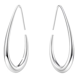 Delicate Teardrop Hoop Earrings for Women - 18k Gold Plated Large Oval Pull-Through Hoops, High Polished Statement Jewelry Gift (Silver 40mm)