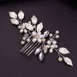 Teyglen Flor Simple Peine Para El Cabello De La Boda Hojas Perlas De Cristal Piezas Para El Cabello Peine Lateral Nupcial Para La Novia Tocados De Diamantes De Imitación Florales Accesorios Para El Ca