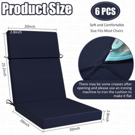 Chitidr 6 Pack Outdoor High Back Chair Cushion, 44 x 20 inches Patio Chair Cushions Waterproof Rocking Cushions Indoor Furniture Seat Pad, Weather Resistant (Navy Blue)