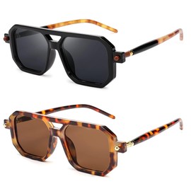 BUTABY Retro Square 70s Flat Aviator Sunglasses Women Men Vintage Trendy Plastic Frame Sun Glasses UV400 Protection, Black Frame Yellow Lens + Leopard Frame Brown Lens, Medium