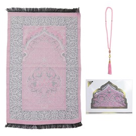 Kellegour Muslim Prayer Rug and Beads,Soft Islamic Carpet Mat,Soft Muslim Prayer Mat,Portable Muslim Prayer Rug,With Prayer Beads and White Square Gift Box,for Praying Men,Women,Kids (Pink)