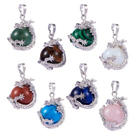COGCHARGER 8 Pcs Dragon Wrapped Pendant Round Gemstone Charm Cylinder Crystal Round Ball Necklace with Platinum Brass Findings for Jewelry Making