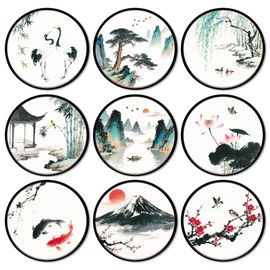 ANATTASOUL 9 Pcs Wood Coasters for Drinks Ink Painting Colorful Wooden Cup Mat for Coffee Table Decor, 3.9" Non-Slip Desk Coasters for Home, Apartment, Office, Bar