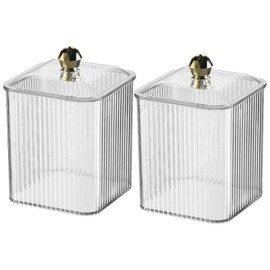 Veki Clear Cotton Pad Container Holder with Lid, Cotton Bud Holder for Dressing Table, Bathroom, Bedroom, Makeup Organiser Storage for Cotton Swab, Floss, Cosmetic (Transparent, 2 Pieces)