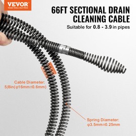 VEVOR Drain Cleaning Cable 66 FT x 5/8 Inch, Professional Sectional Drain Cleaner Cable with 7 Cutters for 0.8" to 3.9" Pipes for Hollow Core Sewer Cleaner Auger Sink, Toilet