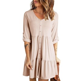 Dokotoo Women's V Neck Long Sleeve Button Down Empire Waist Skater Dress with Pockets Casual Sundress Office Dresses for Women Knit Dress Maternity Dress Oatmeal XX-Large