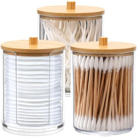 ALINK Pack of 3 Acrylic Cotton Buds Containers, Cotton Pads Storage with Bamboo Lids, Cotton Bud Holder, Cotton Bud Container, Cotton Pad Dispenser for Living Room, Bedroom, Bathroom