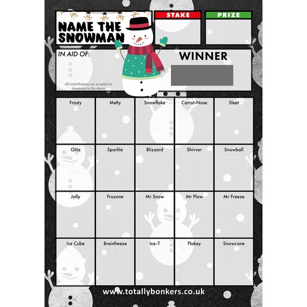 Totally Bonkers SNOWMAN Fundraising Scratch Cards - 20 SQUARE -