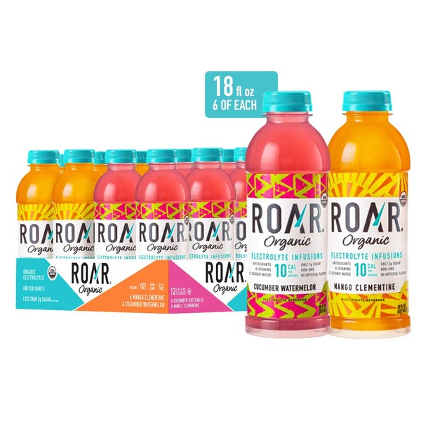 Roar Organic Electrolyte Infusions - USDA Organic with Antioxidants, B Vitamins, Low-Calorie, Low-Sugar, Low-Carb, Coconut Water Infused Beverage 18 Fl Oz (Pack of 12) (2-Flavor Variety Pack)
