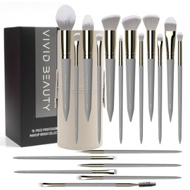 VIVID BEAUTY 18pc Makeup Brush Set with Luxuriously Soft Synthetic Hair, Wooden Handle, and Stylish Storage Case - Perfect for Flawless Makeup Application and Blending! (Grey)
