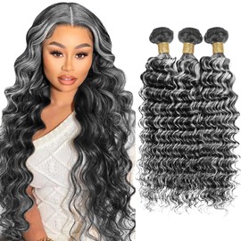 Ombre Bundle P1BGray Deep Wave Human Hair Bundle 8A Grade Two Tone Salt And Pepper Hair Weave 3 Bundles 30 32 34 Inch Highlight Gray Deep Wave Bundles 300G
