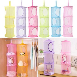 GSHLLO Mesh Hanging Storage Bags 3 Compartments Hanging Closet Shelves Foldable Stuffed Animal Net Toy Storage Hammock for Kids Room Bathroom Pink
