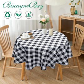 Biscaynebay Fabric Tablecloths Round 70" for Tables' Diameters from 30" to 48", Black/Grey Scottish Plaid Table Cover Water Resistant for Dining, Kitchen, Wedding & Parties