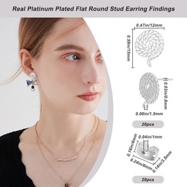 Beebeecraft 1 Box 20Pcs Silver Stud Earring with Loop Real Platinum Plated Brass Flat Round Earring Findings for DIY Jewelry Making Supplies