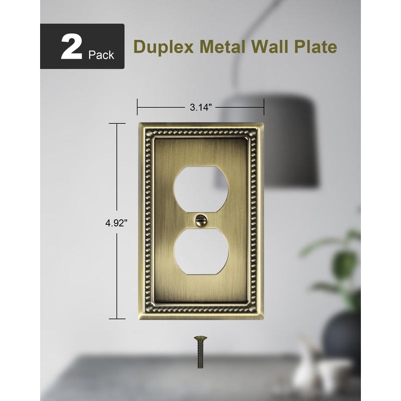 TREEWELL 2-Pack Duplex Outlet Cover Plate, Antique Brass Metal Wall